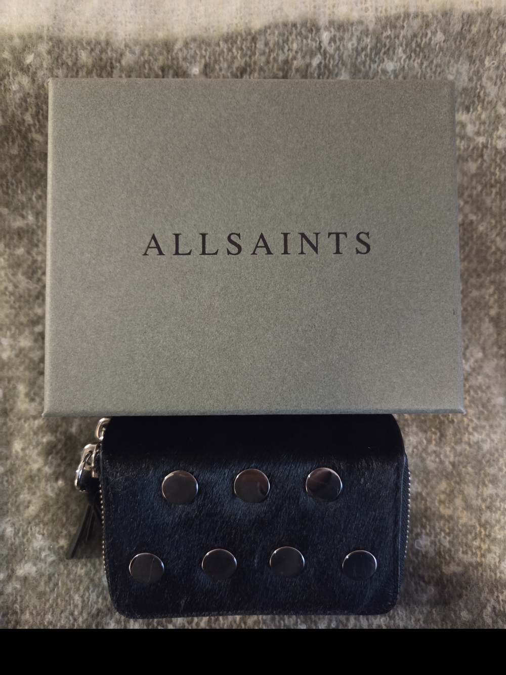 All Saints Black Pony Hair Studded Card Wallet